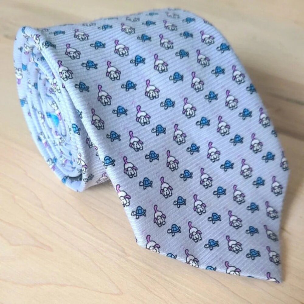 FERRAGAMO Silk Tie Puppy and Turtle Pattern